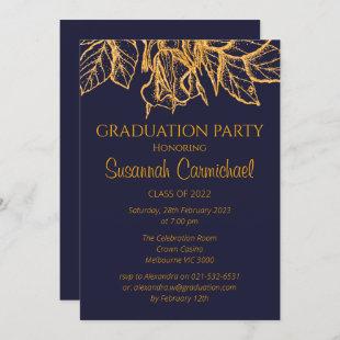 Elegant Gold Bouquet on Dark Blue Graduation Invitation
