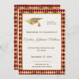 Elegant Gold Burgundy Diamond Pattern Graduation Announcement
