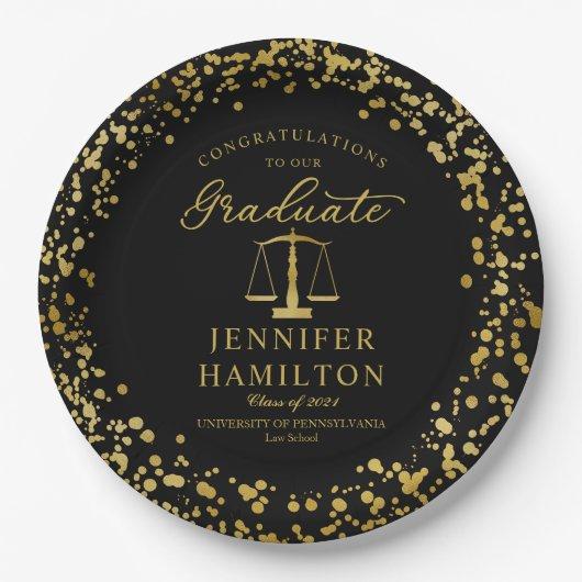 Elegant Gold Confetti Law School Graduation Black Paper Plates