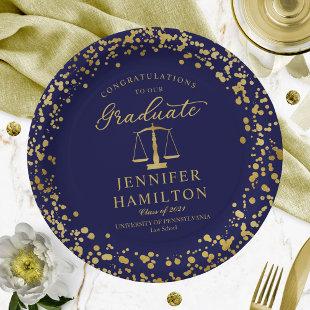Elegant Gold Confetti Law School Graduation Blue Paper Plates