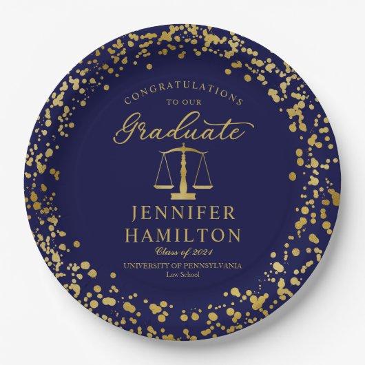 Elegant Gold Confetti Law School Graduation Blue Paper Plates