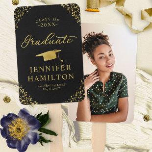 Elegant Gold Confetti On Black 1 Photo Graduation  Hand Fan