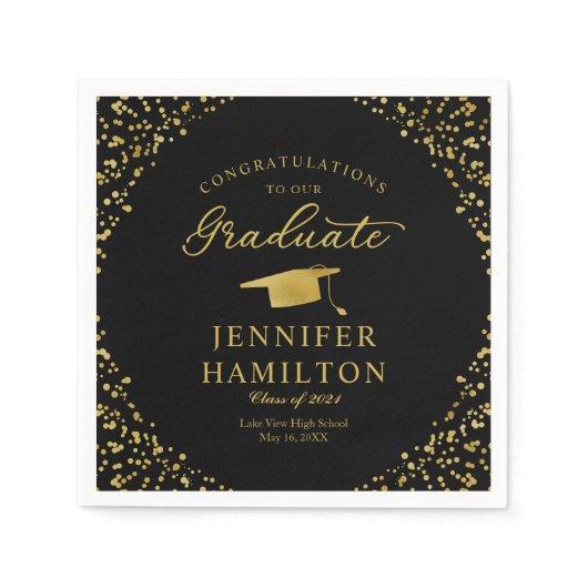 Elegant Gold Confetti On Black Graduation Napkins