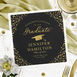 Elegant Gold Confetti On Black Graduation Napkins
