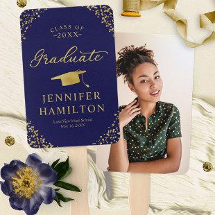 Elegant Gold Confetti On Blue 1 Photo Graduation Hand Fan