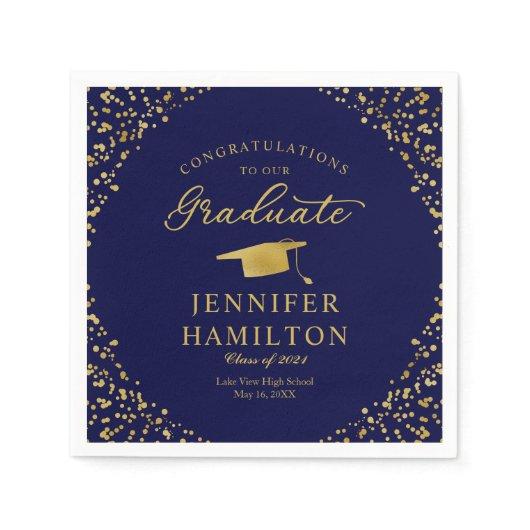 Elegant Gold Confetti On Blue Graduation Napkins