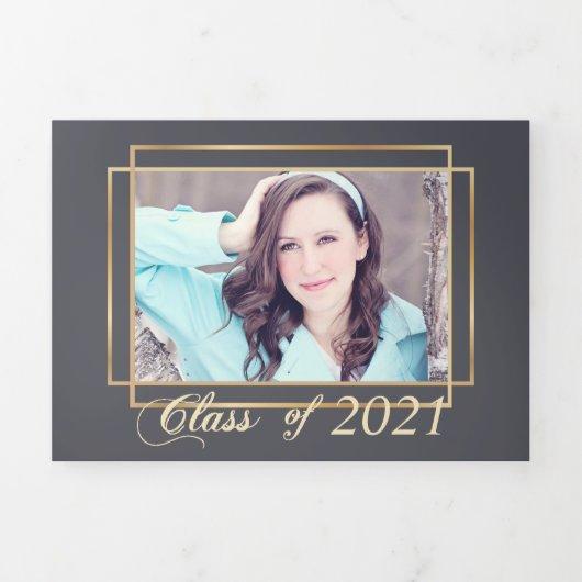 Elegant Gold Frame Graduation Photo Tri-Fold Holiday Card