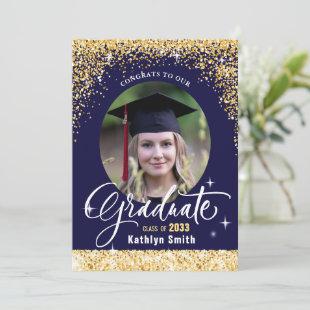 Elegant Gold Glitter Blue Photo Graduation Party Invitation