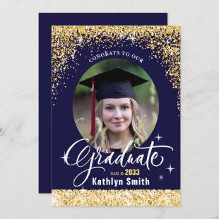 Elegant Gold Glitter Blue Script Photo Graduation Invitation