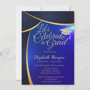Elegant Gold Glitter Grad Cap,Blue Graduation Invitation