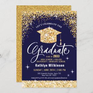 Elegant Gold Glitter Grad Cap on Blue Graduation Invitation