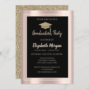 Elegant Gold Glitter Graduation Cap Rose Gold Invitation