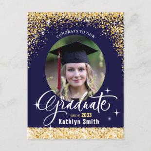 Elegant Gold Glitter Sparkling Photo Graduation Announcement Postcard
