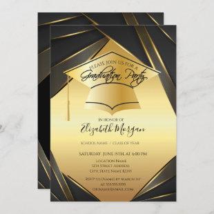 Elegant Gold Grad Cap Black Gold Graduation   Invitation