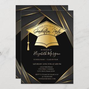 Elegant Gold Grad Cap Black Graduation  Invitation