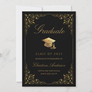 Elegant Gold Ivy Grad Cap Black Graduation Announcement