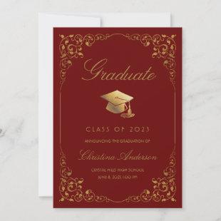 Elegant Gold Ivy Grad Cap Burgundy Graduation Announcement