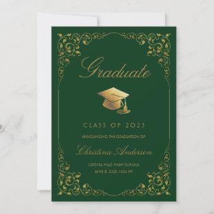 Elegant Gold Ivy Grad Cap Green Graduation Announcement