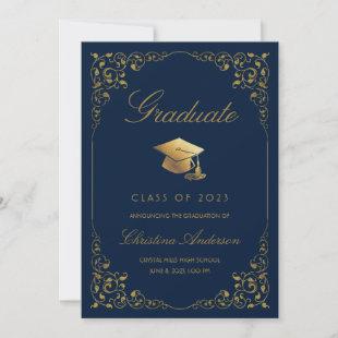 Elegant Gold Ivy Grad Cap Navyl Blue Graduation Announcement