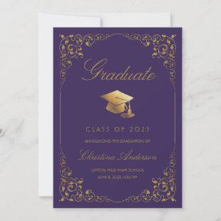 Elegant Gold Ivy Grad Cap Purple Graduation Announcement