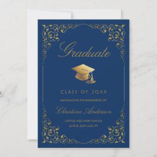 Elegant Gold Ivy Grad Cap Royal Blue Graduation Announcement