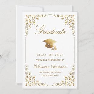 Elegant Gold Ivy Grad Cap White Graduation Announcement