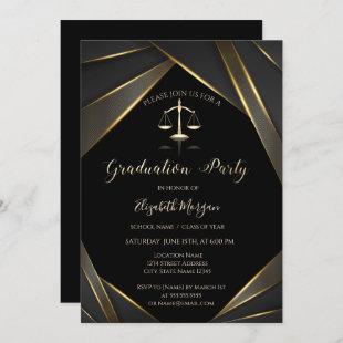 Elegant Gold Justice Scale Black Graduation Invitation