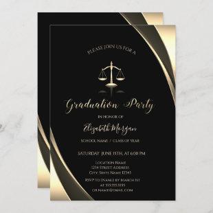Elegant Gold Justice Scale Border Black Graduation Invitation