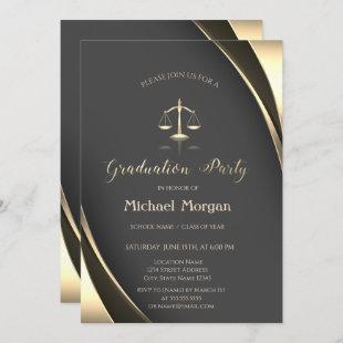 Elegant Gold Justice Scale Border Gray Graduation Invitation
