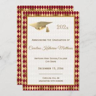 Elegant Gold Photo Burgundy Diamond Graduation Announcement