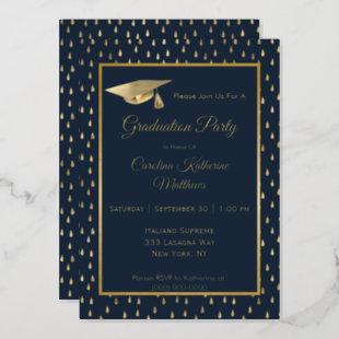 Elegant Gold Raindrops Navy Blue Graduation Party Foil Invitation