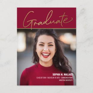 Elegant Gold Script Red Photo University Graduate Announcement Postcard