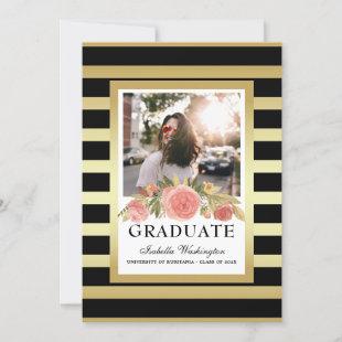 Elegant Gold Stripes Floral Graduation Photo Invitation