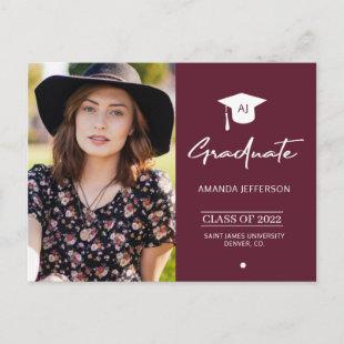 Elegant grad burgundy photo graduation invitation postcard