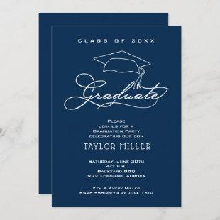 Elegant Grad Hat Navy Blue Graduation Invitation