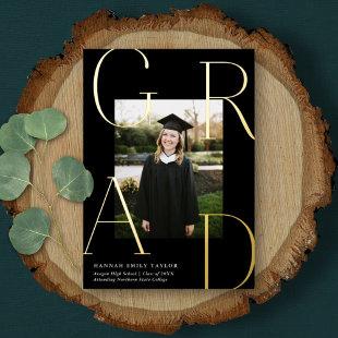 Elegant GRAD Photo Graduation Black + Gold  Foil Invitation