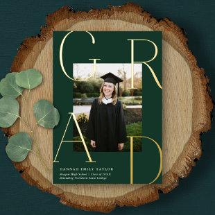 Elegant GRAD Photo Graduation Green + Gold  Foil Invitation