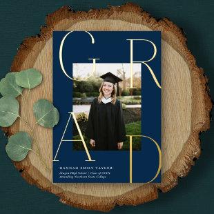 Elegant GRAD Photo Graduation Navy Blue + Gold  Foil Invitation