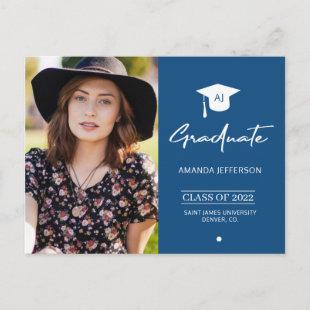 Elegant graduate blue photo graduation invitation  postcard