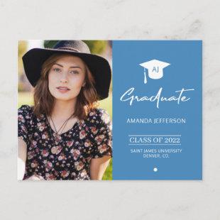 Elegant graduate blue  photo graduation invitation postcard
