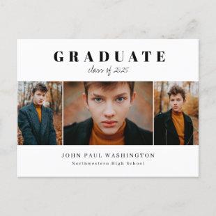 Elegant Graduate Modern Simple 3 Photo Graduation  Announcement Postcard