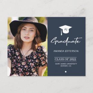 Elegant graduate navy photo graduation invitation postcard