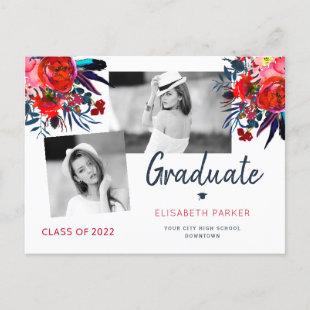 Elegant graduate photo collage floral graduation announcement postcard
