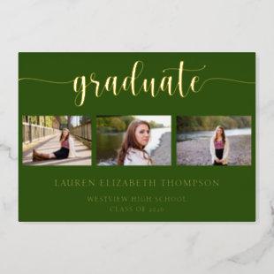 Elegant Graduation 3 Photo Green Gold Foil Invitation