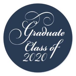 Elegant Graduation Class of 2020 Blue White Classic Round Sticker