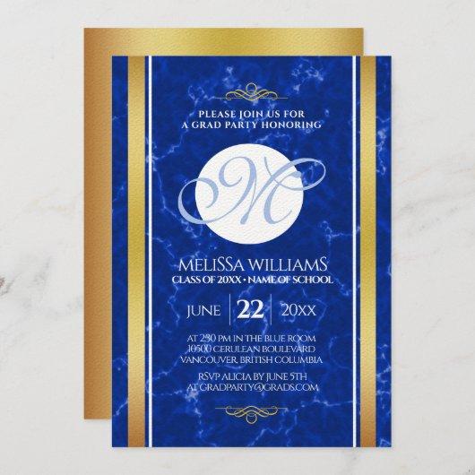 Elegant Graduation Monogram Blue Marble Gold Foil Invitation