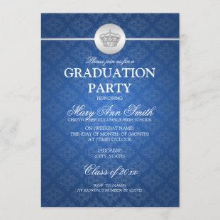 Elegant Graduation Party Classy Crown Blue Invitation