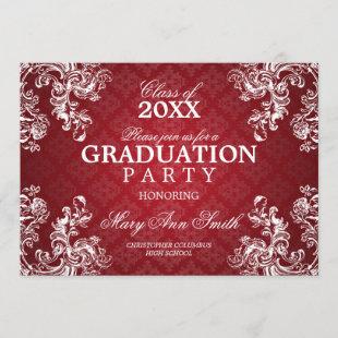 Elegant Graduation Vintage Royal Scroll Red Invitation