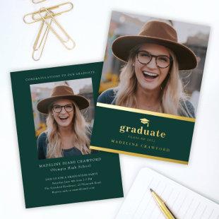 Elegant Green and Gold Photo Graduation Foil Invitation
