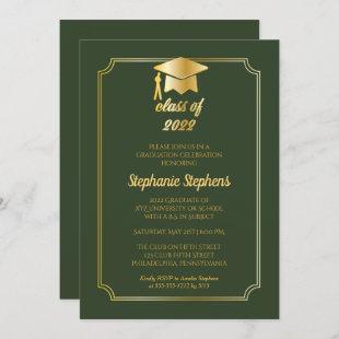Elegant Green | Gold Cap College Graduation Party Invitation